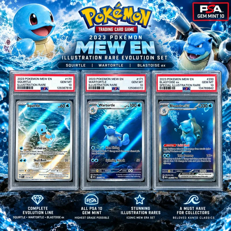 PSA 10 2023 POKÉMON 151 SQUIRTLE, WARTORTLE & BLASTOISE EX EVOLUTION SET