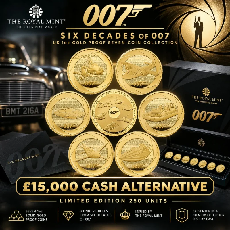 SIX DECADES OF 007 UK 1OZ GOLD PROOF SEVEN-COIN COLLECTION OR £15,000